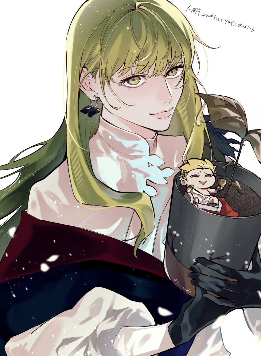 1boy, 1other, absurdres, androgynous, chibi, enkidu_(fate), enkidu_(fgo_fes._2025)_(fate), fate/grand_order, fate_(series), gilgamesh_(fate), gilgamesh_(fgo_fes._2025)_(fate), green_eyes, green_hair, highres, km_mechi, long_hair, other_focus, plant, riyo_(lyomsnpmp)_(style)