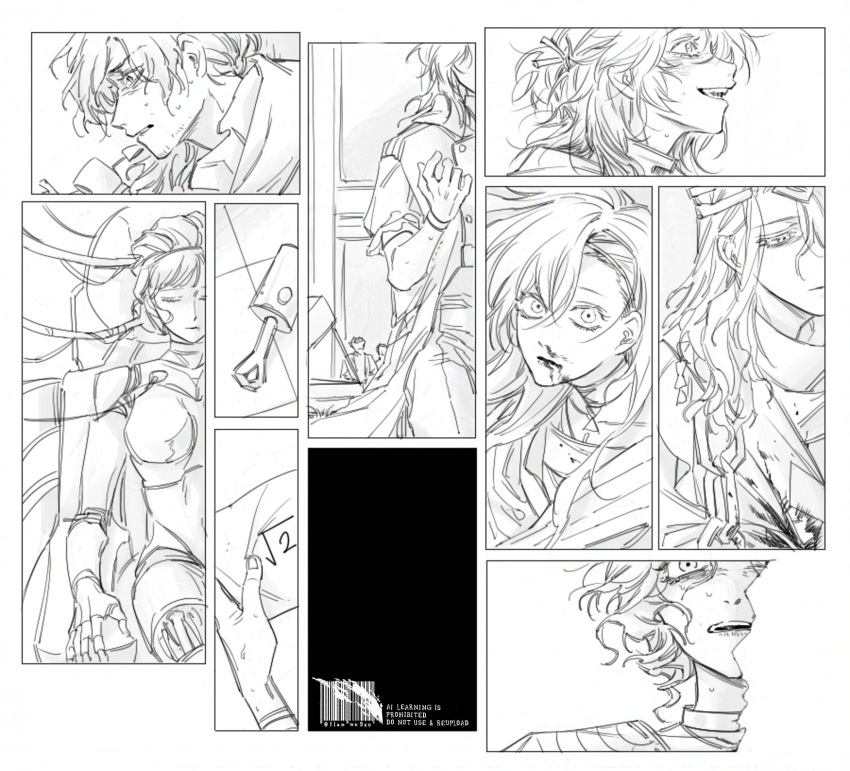 1other, 2boys, 37_(reverse:1999), 3girls, 6_(reverse:1999), :d, android, blood
