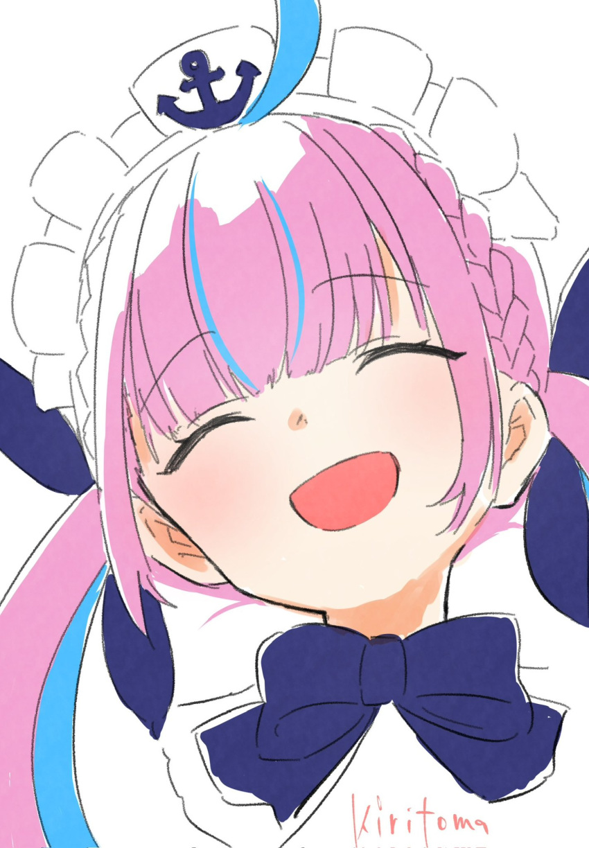 1girl, :d, ^_^, ahoge, blue_bow, blue_hair, blue_ribbon, bow