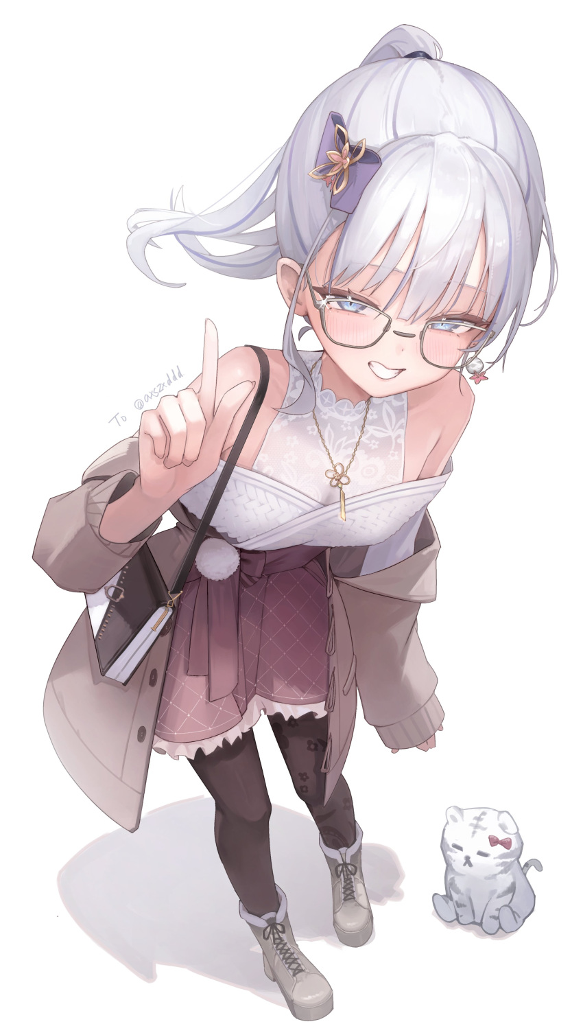 1girl, absurdres, animal, bag, bare_shoulders, black_pantyhose, blush, boots