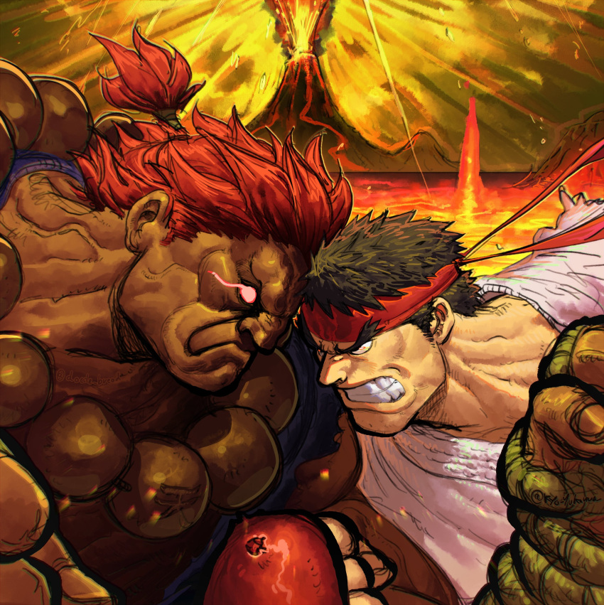 2boys, absurdres, akuma_(street_fighter), artist_collaboration, clenched_teeth, dark-skinned_male, dark_skin, eruption