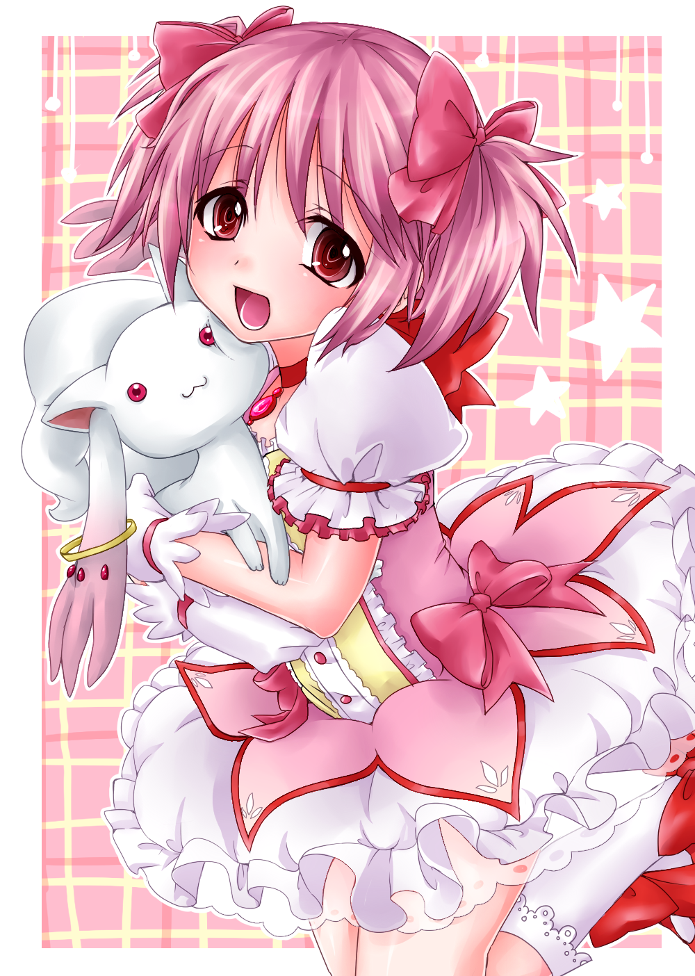 bubble_skirt, emu, emu_(trigger), hair_bow, highres, kaname_madoka, kimigainai, kyubey
