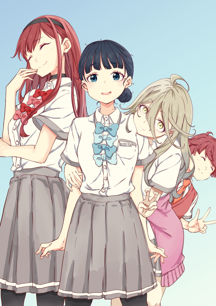 1boy, 3girls, ahoge, basori_tiara, black_hair, black_hairband, black_pantyhose, blonde_hair