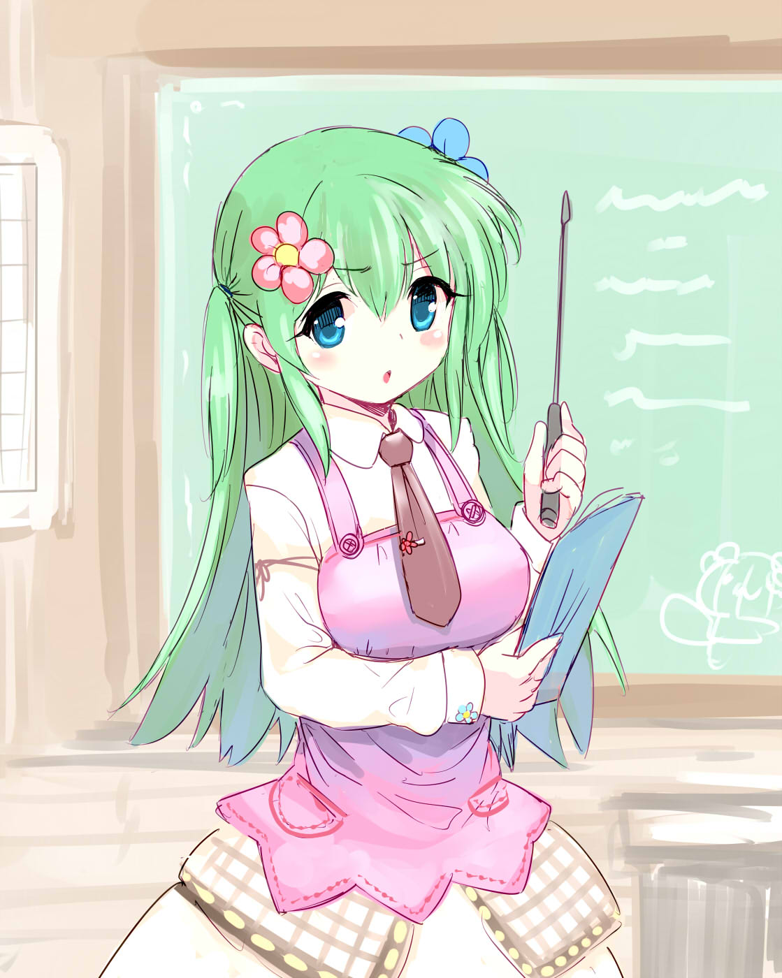 1girl, aged_up, ajitarou_(setsu), apron, blue_eyes, breasts, brown_necktie, classroom