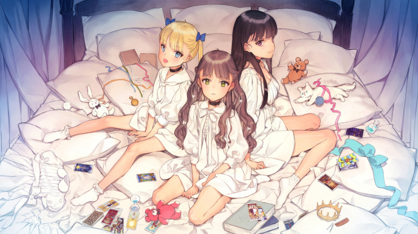 3girls, black_hair, blonde_hair, blue_eyes, bobby_socks, breasts, character_request, choker, commentary_request, cordelia_(machine_child), curtains, dress, expressionless, flat_chest, florine_(machine_child), full_body, green_eyes, grey_hair, key_visual, looking_at_viewer, machine_child, multiple_girls, official_art, oyari_ashito, pillow, promotional_art, sailor_dress, sitting, small_breasts, smile, socks, stuffed_animal, stuffed_rabbit, stuffed_toy, teddy_bear, twintails, violet_eyes, white_dress, white_socks