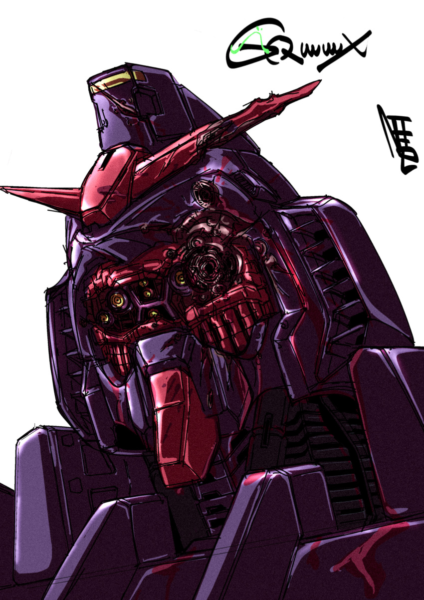 absurdres, after_battle, alternate_universe, bullet_hole, commentary_request, damaged, earth_federation, gundam, gundam_gquuuuuux, highres, machinery, mecha, mecha_focus, mobile_suit, nanziwakamika23, no_humans, portrait, psycho_gundam_(gquuuuuux), robot, science_fiction, signature, spoilers, title, upper_body, v-fin, white_background