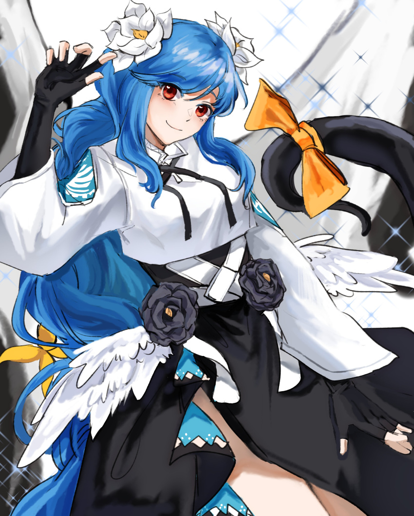 1girl, absurdres, asymmetrical_wings, black_gloves, blue_hair, dizzy_(guilty_gear), fingerless_gloves, flower
