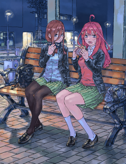 2girls, ahoge, bag, bench, black_jacket, black_pantyhose, black_shoes, blue_eyes