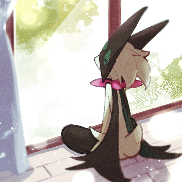 from_behind, full_body, green_fur, indoors, meowscarada, on_ground, pokemon, pokemon_(creature)
