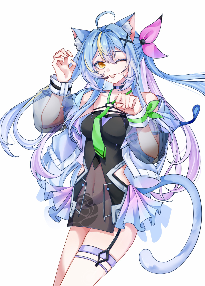 1girl, absurdres, ahoge, animal, animal_hands, breasts, cat, cybermyth
