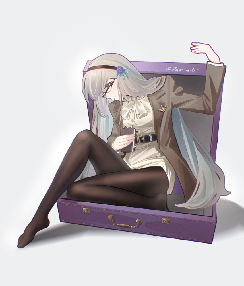 1girl, arm_up, belt, bkornblume, black_belt, black_hairband, black_pantyhose, blue_flower