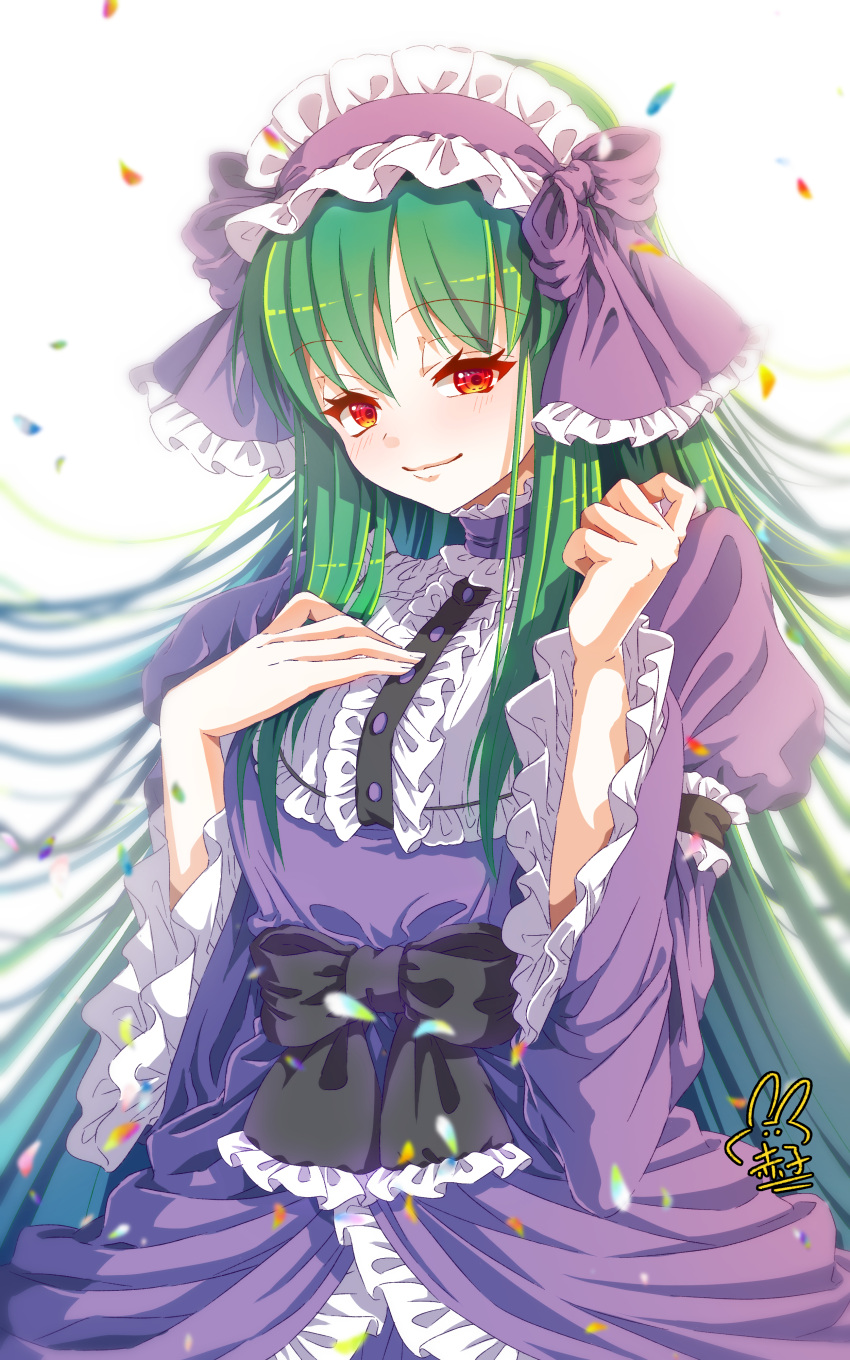 1girl, absurdres, black_bow, blurry, blurry_background, bow, depth_of_field, dress