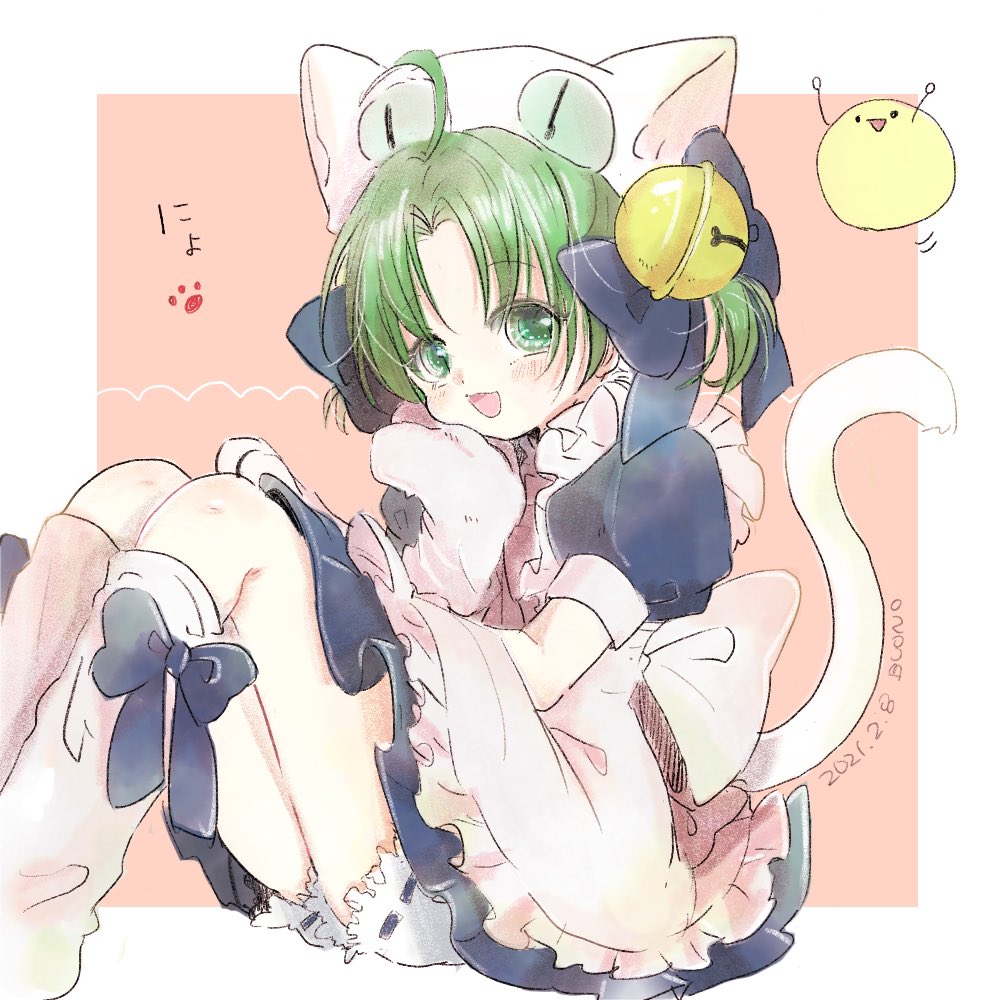 1girl, ahoge, animal_hat, bell, bloomers, boono, cat_hat, cat_tail, dejiko, di_gi_charat, feet_out_of_frame, gema, green_eyes, green_hair, hat, jingle_bell, looking_at_viewer, mittens, open_mouth, puffy_short_sleeves, puffy_sleeves, short_sleeves, solo, tail, white_mittens