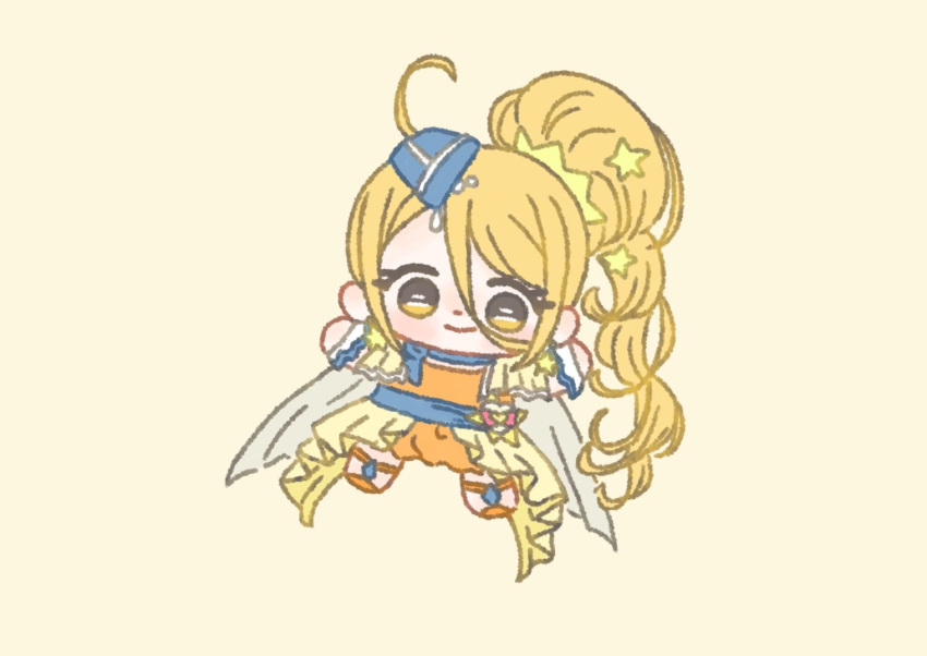 1girl, ahoge, bag_bow, beads, beret, blonde_hair, blue_hat, blue_scarf, bow, chibi, closed_mouth, cure_etoile, dot_nose, dress, hair_beads, hair_between_eyes, hair_ornament, hair_scrunchie, happy, hat, heart-shaped_bag, hugtto!_precure, ichigo_usuhana, kagayaki_homare, long_hair, long_hair_between_eyes, long_skirt, looking_at_viewer, magical_girl, mini_hat, orange_dress, orange_sandals, pink_bow, pleated_dress, precure, sandals, scarf, scrunchie, short_dress, short_sleeves, showgirl_skirt, side_ponytail, simple_background, skirt, smile, solo, tareme, very_long_hair, waist_bag, white_bag, white_wrist_cuffs, wrist_cuffs, yellow_background, yellow_eyes, yellow_scrunchie, yellow_skirt, yellow_sleeves