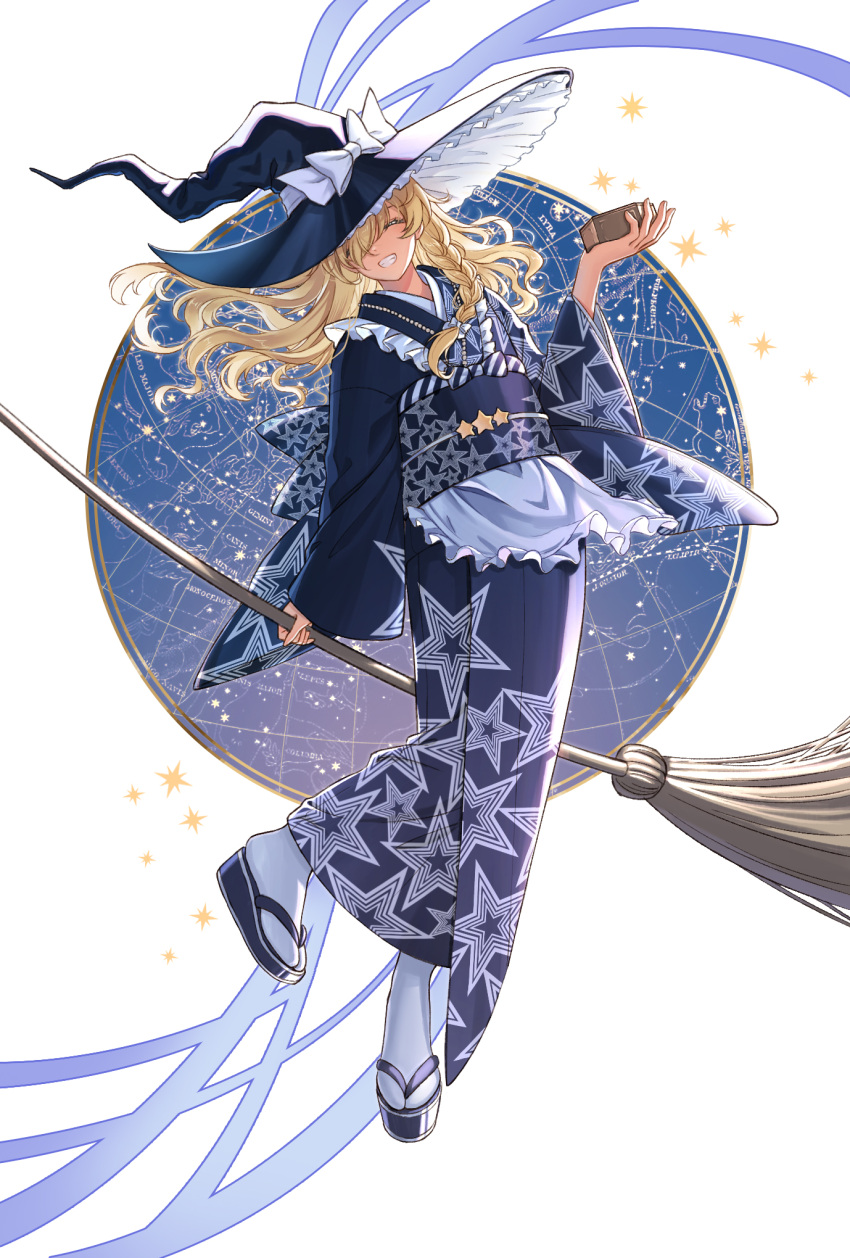 1girl, alternate_costume, apron, blonde_hair, blue_kimono, bow, braid, broom