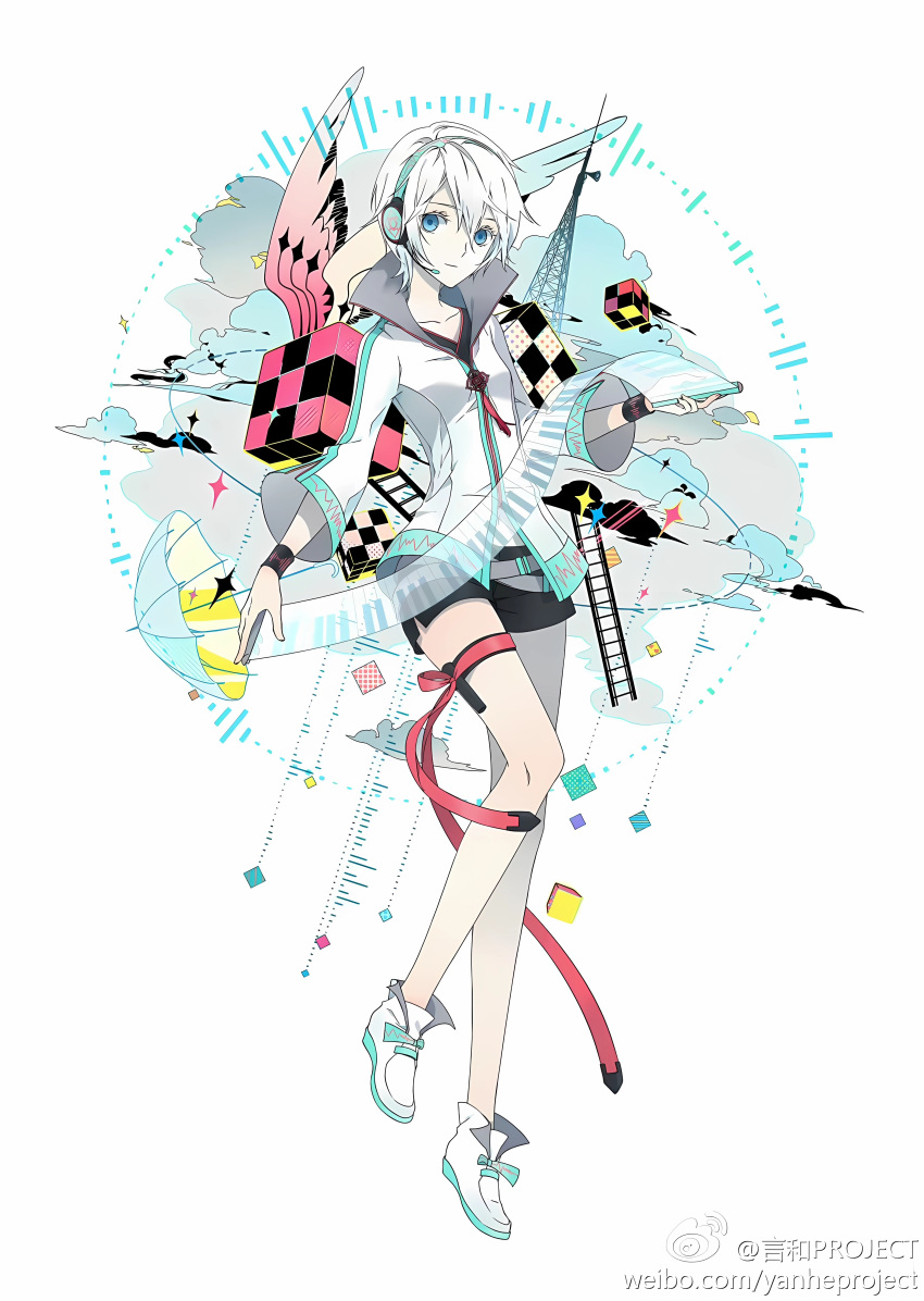 1girl, absurdres, belt, black_shorts, blue_eyes, boots, cardiogram_print, chinese_text, english_text, flat_chest, headset, highres, jacket, long_sleeves, red_belt, red_ribbon, ribbon, short_hair, short_shorts, shorts, smile, standing, tachi-e, thigh_strap, tomboy, watermark, white_boots, wide_sleeves, wristband, yanhe, yanhe_v3