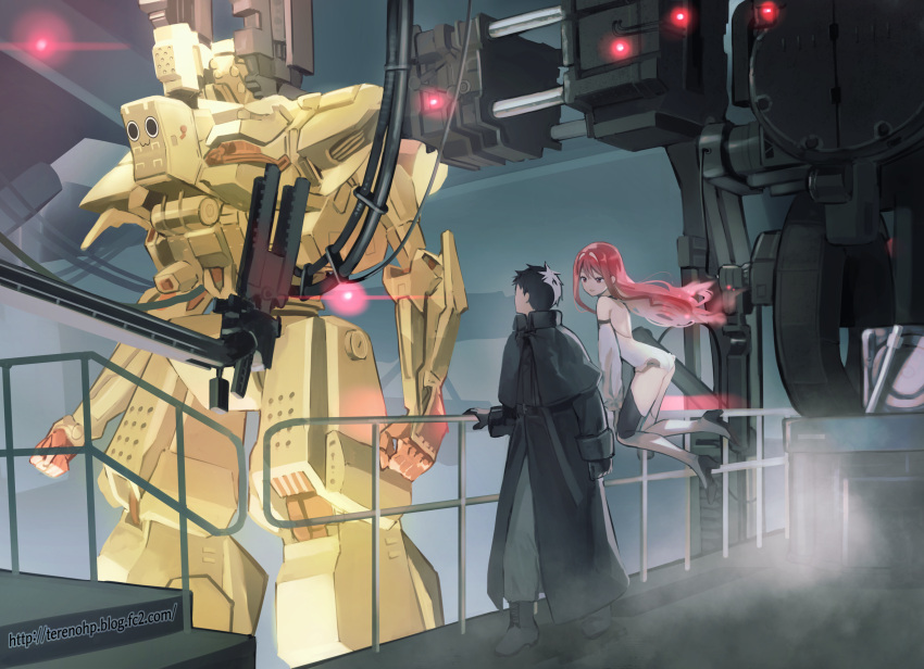 1boy, 1girl, 621_(armored_core_vi), against_railing, armored_core, armored_core_vi:_fires_of_rubicon, ayre_(armored_core_vi), black_coat, black_gloves, black_hair, coat, floating, gloves, hangar, heybot!, high_heels, highres, macaroni_(heybot!), mecha, railing, red_hair, robot, tere, web_address