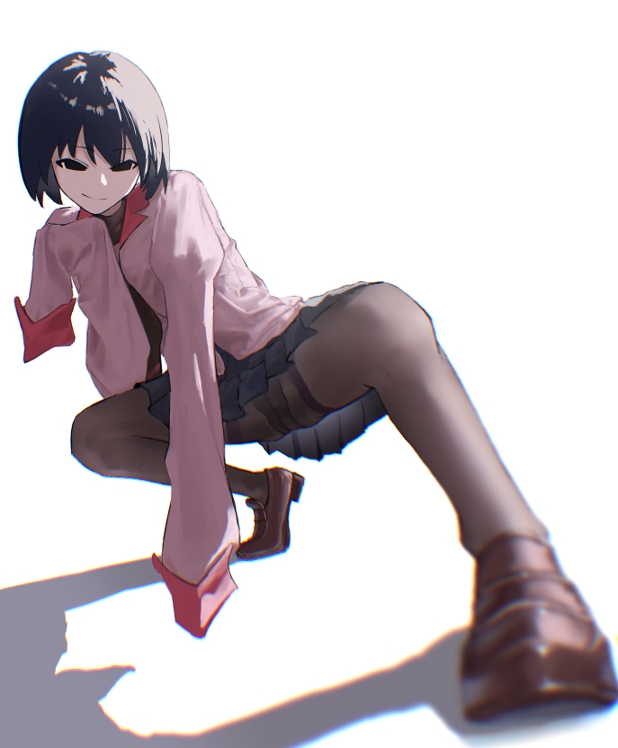 1girl, black_eyes, black_hair, black_necktie, black_pantyhose, black_undershirt, bob_cut, empty_eyes