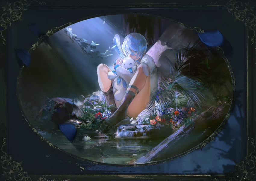 1boy, absurdres, aged_down, black_socks, blue_border, blue_eyes, blue_gemstone, blue_hair