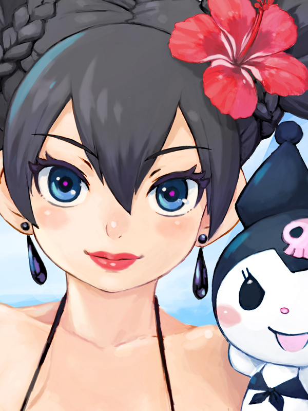 black_hair, blue_eyes, blush, dual_persona, earrings, flower, grin, hair_flower