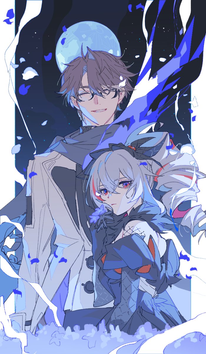 1boy, 1girl, black_dress, black_gloves, black_scarf, blue_flower, blue_petals, bronya_zaychik