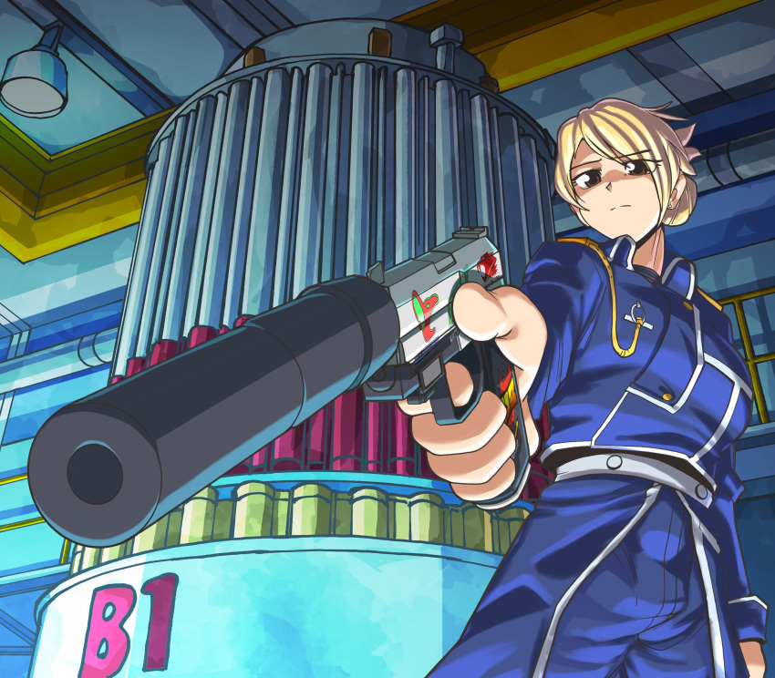 1girl, absurdres, blonde_hair, blue_coat, blue_pants, brown_eyes, cherenkov_radiation, closed_mouth, coat, commentary, commission, counter-strike_(series), counter-strike_2, cowboy_shot, english_commentary, fullmetal_alchemist, gun, h&amp;k_usp, hair_bun, handgun, highres, hugo_(rushbordie), in-universe_location, indoors, looking_at_viewer, military_uniform, pants, railing, riza_hawkeye, short_hair, silo, single_hair_bun, solo, suppressor, weapon