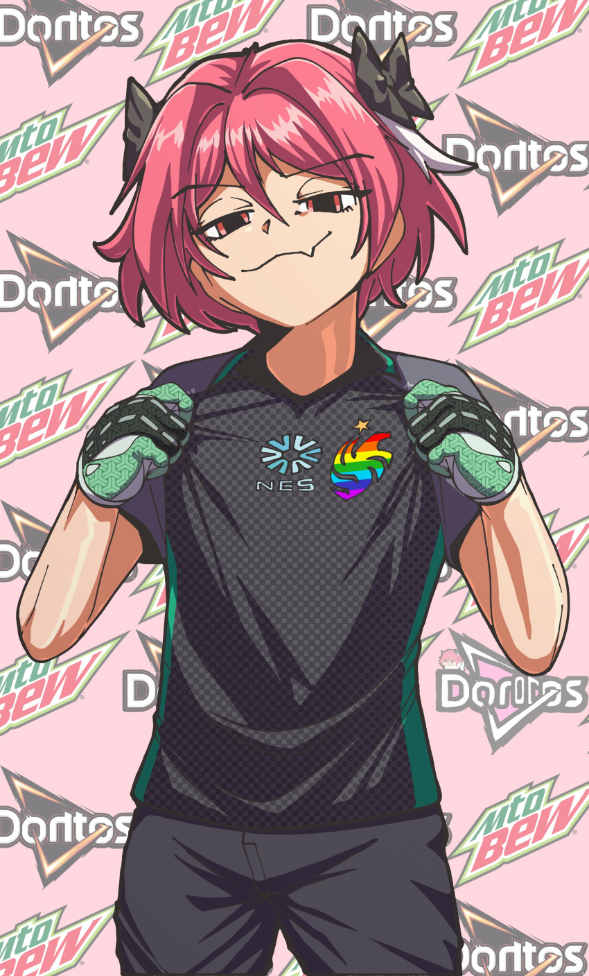 1boy, absurdres, alternate_costume, astolfo_(fate), black_bow, black_shirt, black_shorts, bow