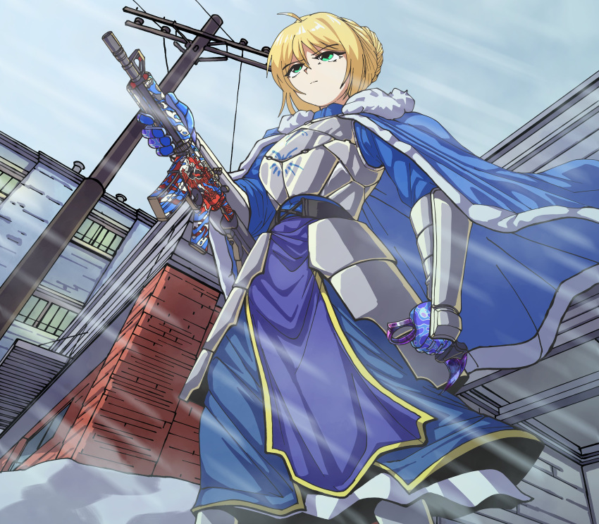 1girl, absurdres, armor, armored_dress, artoria_pendragon_(fate), assault_rifle, belt, black_belt