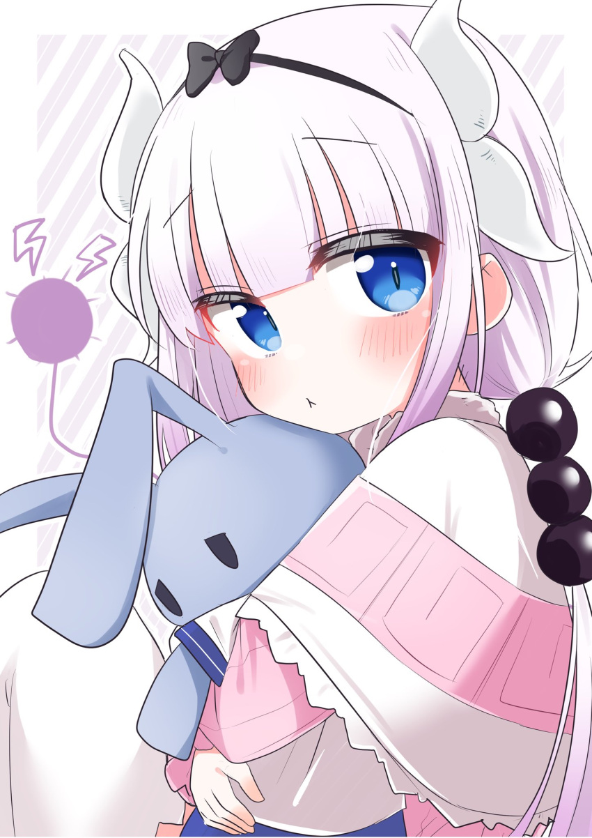1girl, beads, black_bow, black_ribbon, blue_eyes, blunt_bangs, blush, bow