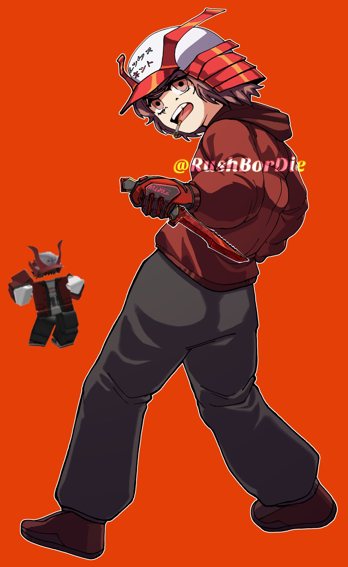 1boy, armor, baseball_cap, black_pants, brown_eyes, brown_hair, brown_shoes, cigarette