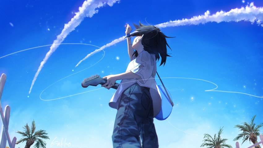 1other, absurdres, ambiguous_gender, arm_up, artist_name, black_hair, blue_sky, commentary_request