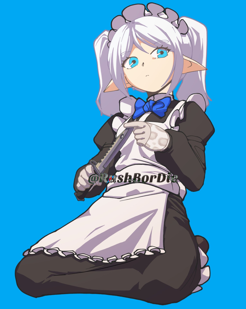 1girl, alternate_costume, apron, black_dress, blue_background, blue_bow, blue_bowtie, blue_eyes