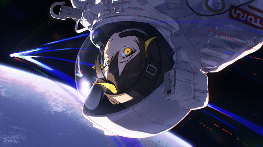 1girl, absurdres, artist_name, astronaut, blonde_streaks, brown_hair, closed_mouth, comet