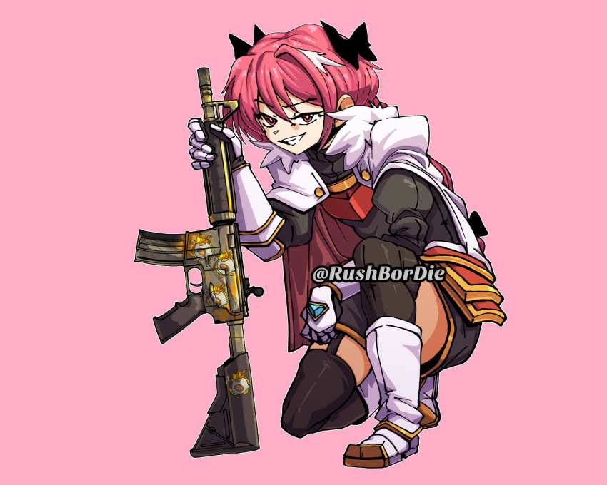 1boy, assault_rifle, astolfo_(fate), black_bow, black_shirt, black_shoes, black_thighhighs, boots