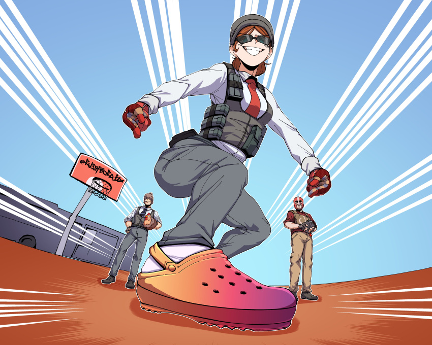1girl, 2boys, absurdres, balaclava, basketball_hoop, black_necktie, brown_hair, brown_pants