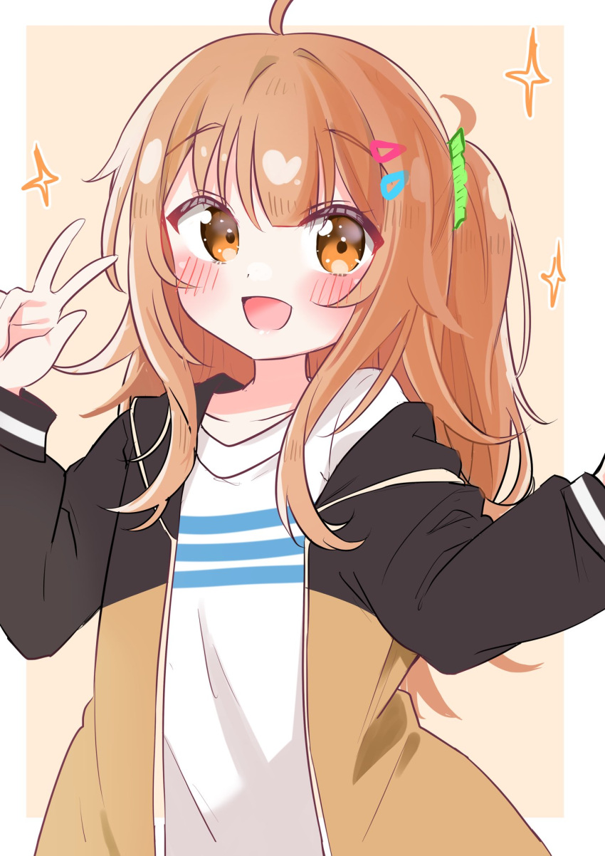 1girl, :d, ahoge, blunt_bangs, blush, brown_eyes, brown_hair, collarbone