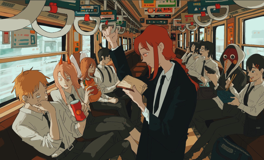 @_@, angel_devil_(chainsaw_man), black_coat, book, braid, braided_ponytail, burger, can