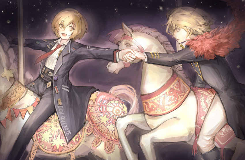 09gugugu, 2girls, black_coat, black_pants, blonde_hair, carousel, coat, don_quixote_(project_moon)
