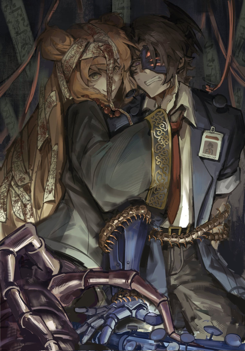 09gugugu, 1boy, 1girl, aedd_(e.g.o), arthropod_girl, beads, black_pants, black_robe