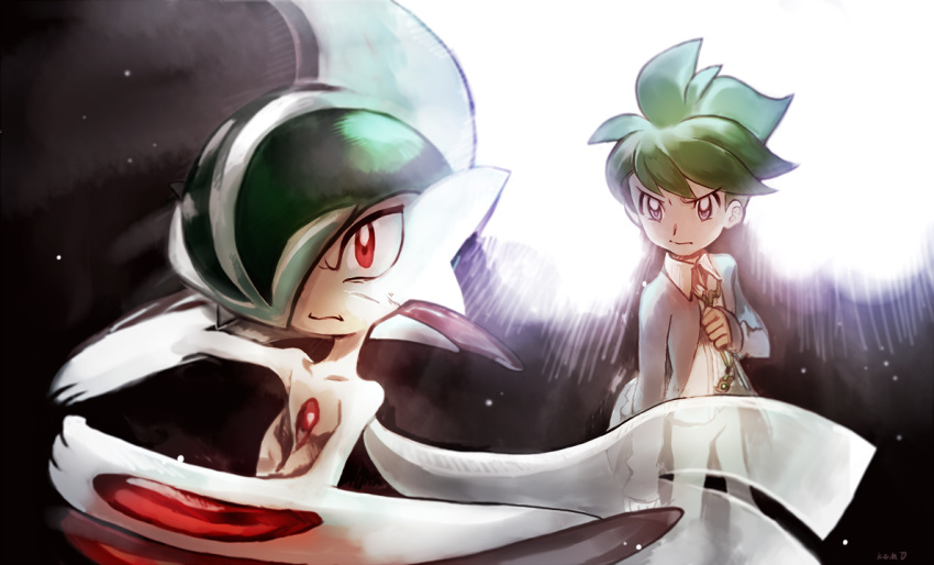 2boys, closed_mouth, commentary_request, gallade, green_hair, grey_eyes, grey_jacket, jacket