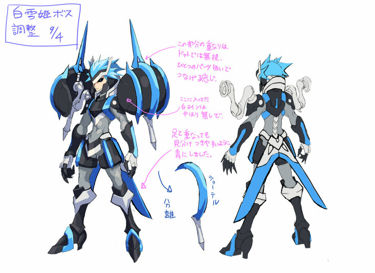 1boy, armor, azure_striker_gunvolt, azure_striker_gunvolt_2, black_armor, black_sclera, blue_eyes, blue_hair, bodysuit, colored_sclera, concept_art, full_body, grey_bodysuit, multiple_views, official_art, reference_sheet, simple_background, tenjian_(gunvolt), white_background