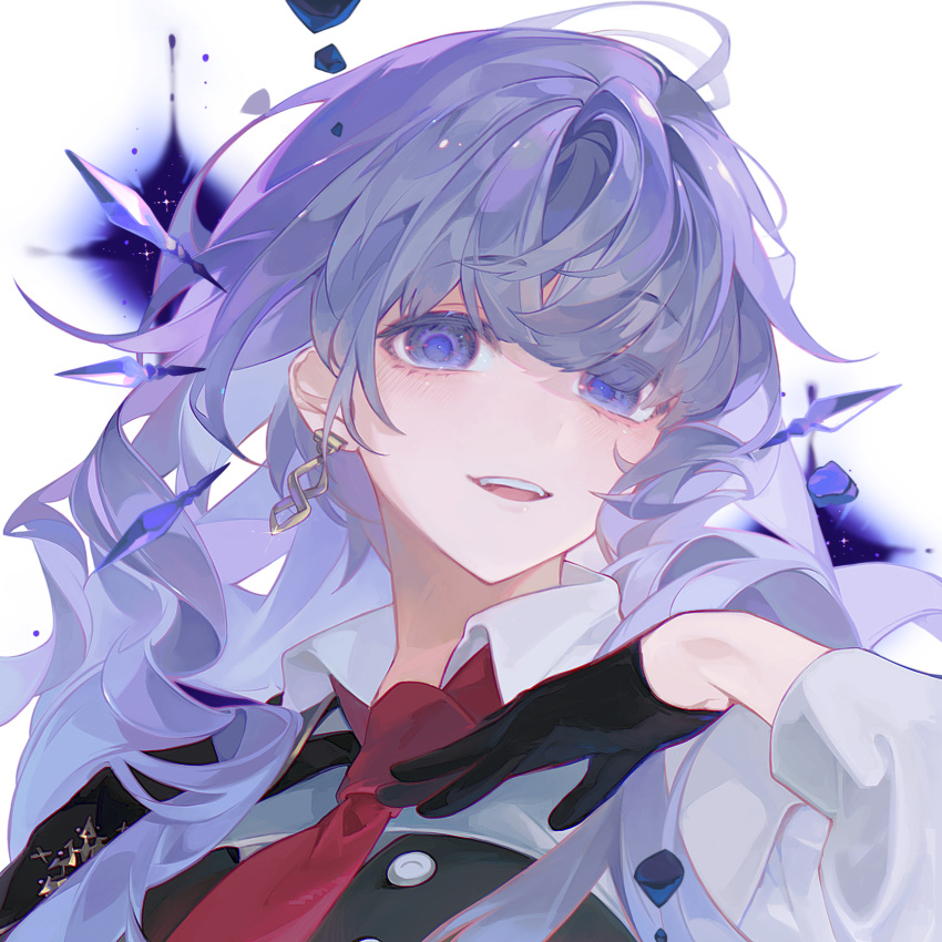1girl, absurdres, arcaea, black_gloves, bzyzsjl01, collared_shirt, earrings, gloves, hair_between_eyes, highres, insight_(arcaea), jewelry, long_sleeves, necktie, portrait, red_necktie, shirt, single_shoulder_pad, smile, solo, violet_eyes, white_hair, white_shirt
