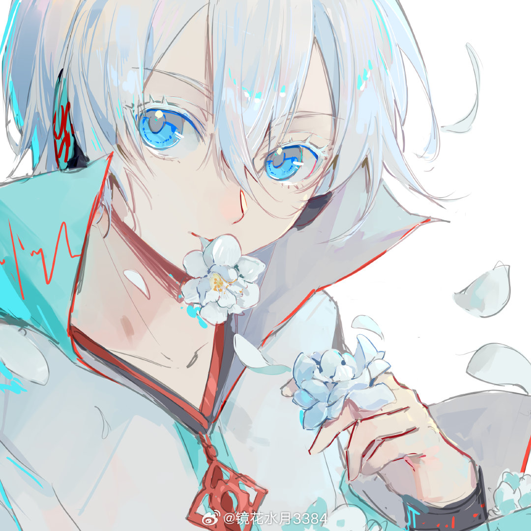 1girl, blue_eyes, cardiogram, cardiogram_print, chinese_knot, closed_mouth, colored_eyelashes, flower