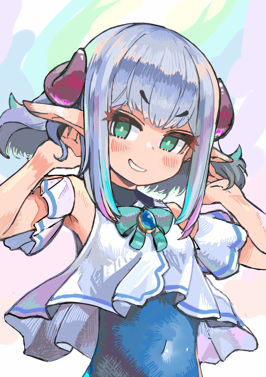 1girl, absurdres, armpits, blush, covered_navel, green_eys, grin, highres