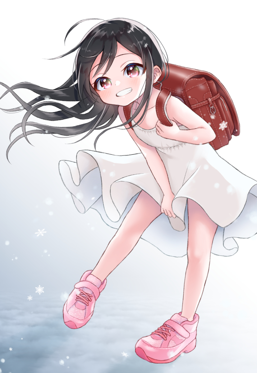 1girl, black_hair, child, dress, grin, highres, kaneko_kogane, knees