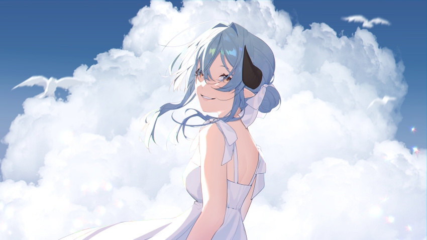 absurdres, blue_hair, blue_sky, clouds, cloudy_sky, dress, from_behind, hair_ribbon