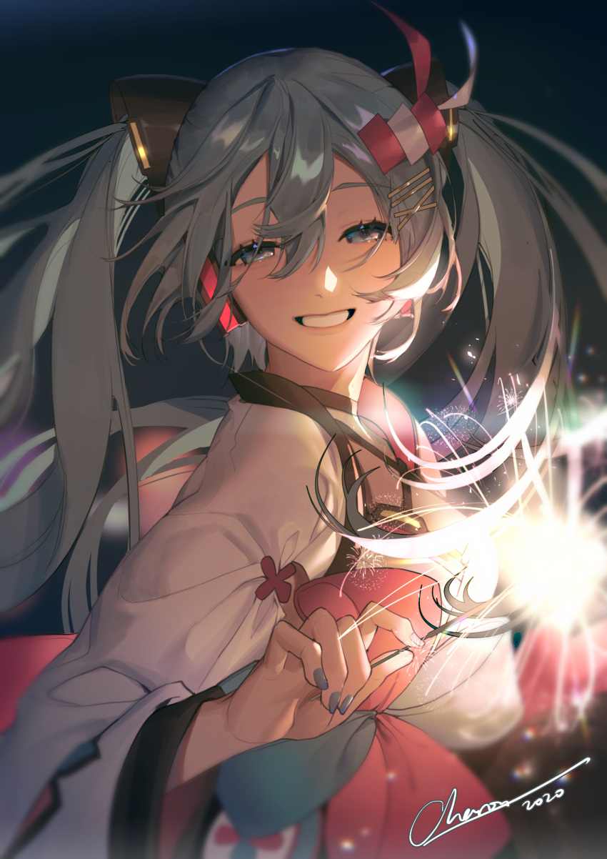 aerial_fireworks, fireworks, green_eyes, green_hair, hair_ornament, hairclip, hatsune_miku, highres