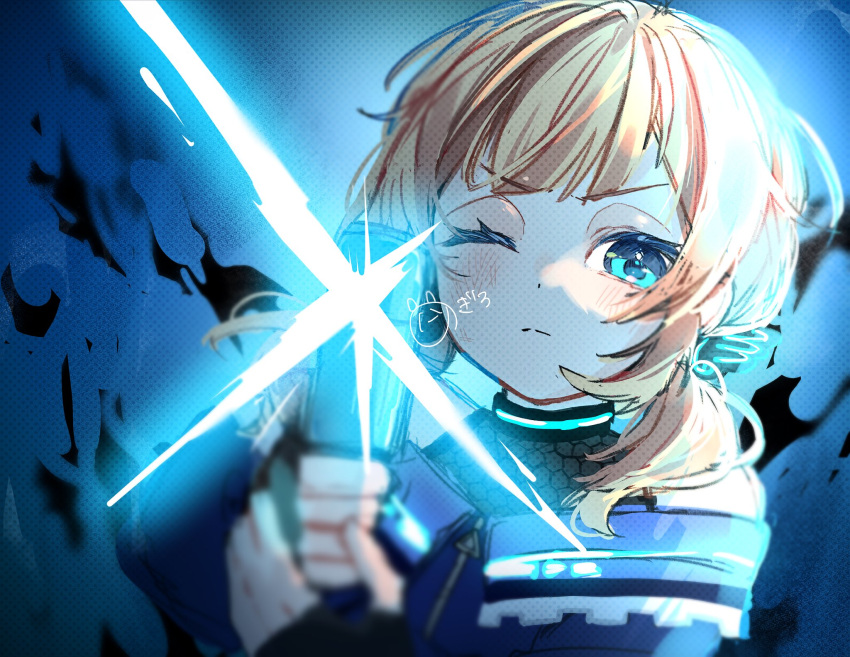 1girl, blonde_hair, blue_background, blue_eyes, blurry, blurry_foreground, closed_mouth, depth_of_field