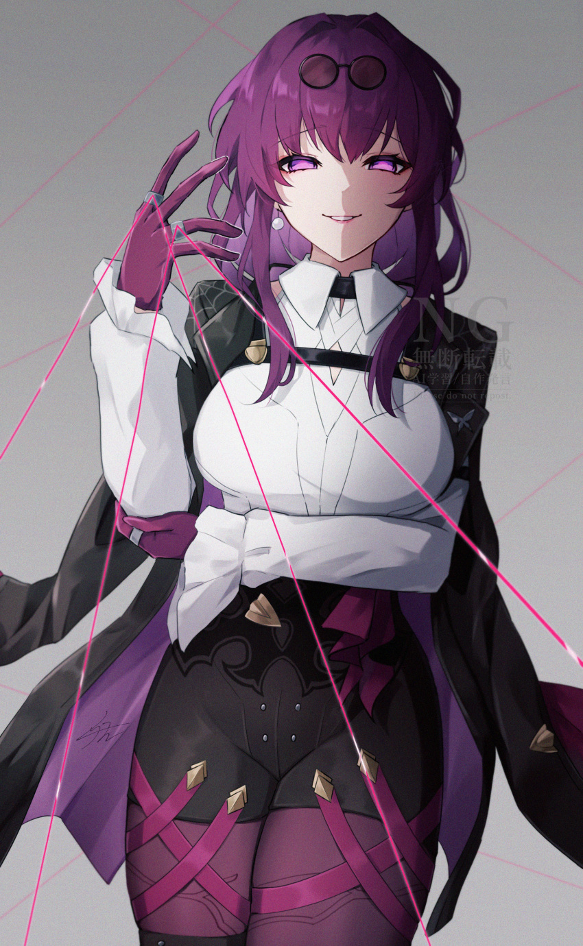 1girl, absurdres, breasts, earrings, eyewear_on_head, highres, honkai:_star_rail, honkai_(series), izanaware_game, jewelry, kafka_(honkai:_star_rail), looking_at_viewer, pantyhose, pink_pantyhose, puppet_strings, purple_hair, smile, solo, thigh_strap, violet_eyes