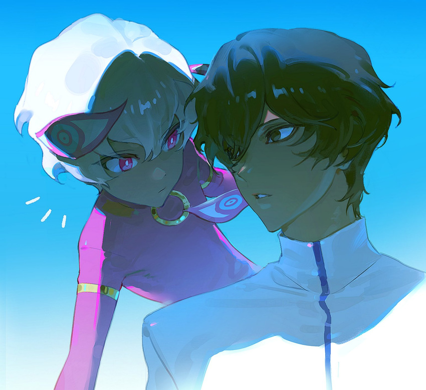 2boys, arjuna_(fate), black_eyes, black_hair, bodysuit, boy_vajra_(fate), dark-skinned_male, dark_skin
